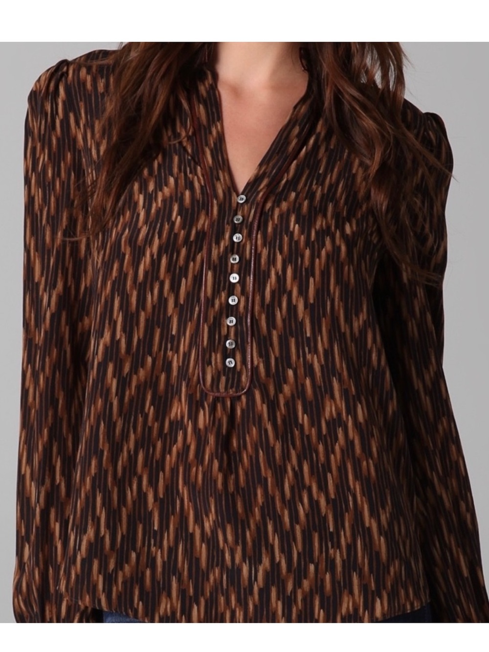 Elizabeth and James Leather Trimmed Silk Blouse Abstract Workwear Women’s S EUC